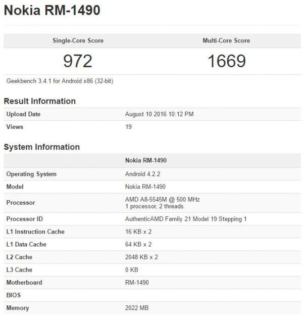 Nokia RM-1490 Geekbench
