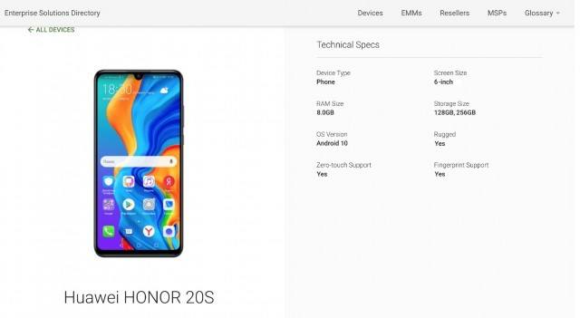 Honor 20s 20SE téléphone nouveau emui capteur écran google play console list encoche