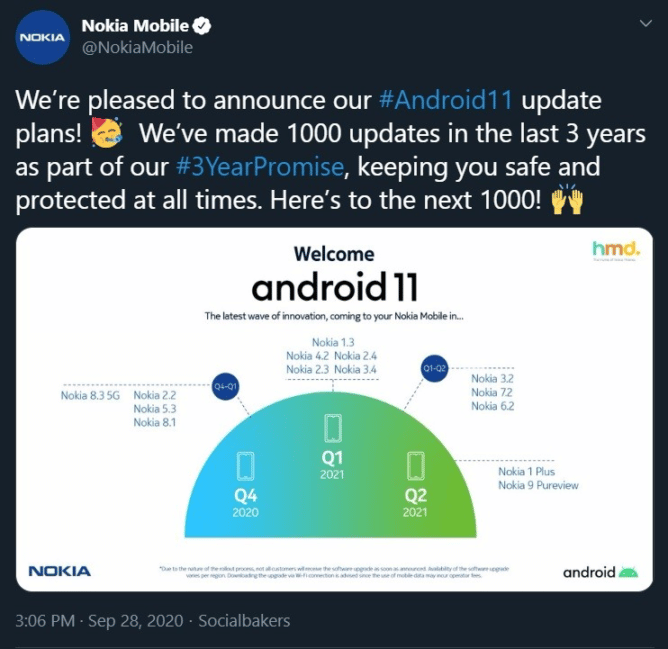 , Nokia supprime un tweet sur sa feuille de route de mise à jour Android 11