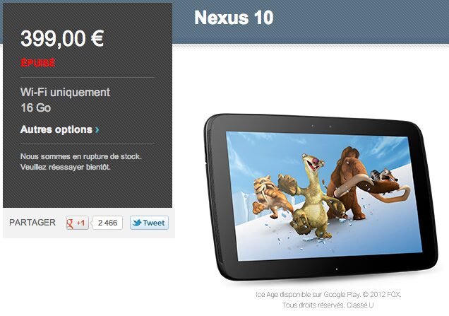 Nexus 10 16go, Nexus 10 16go aussi en rupture