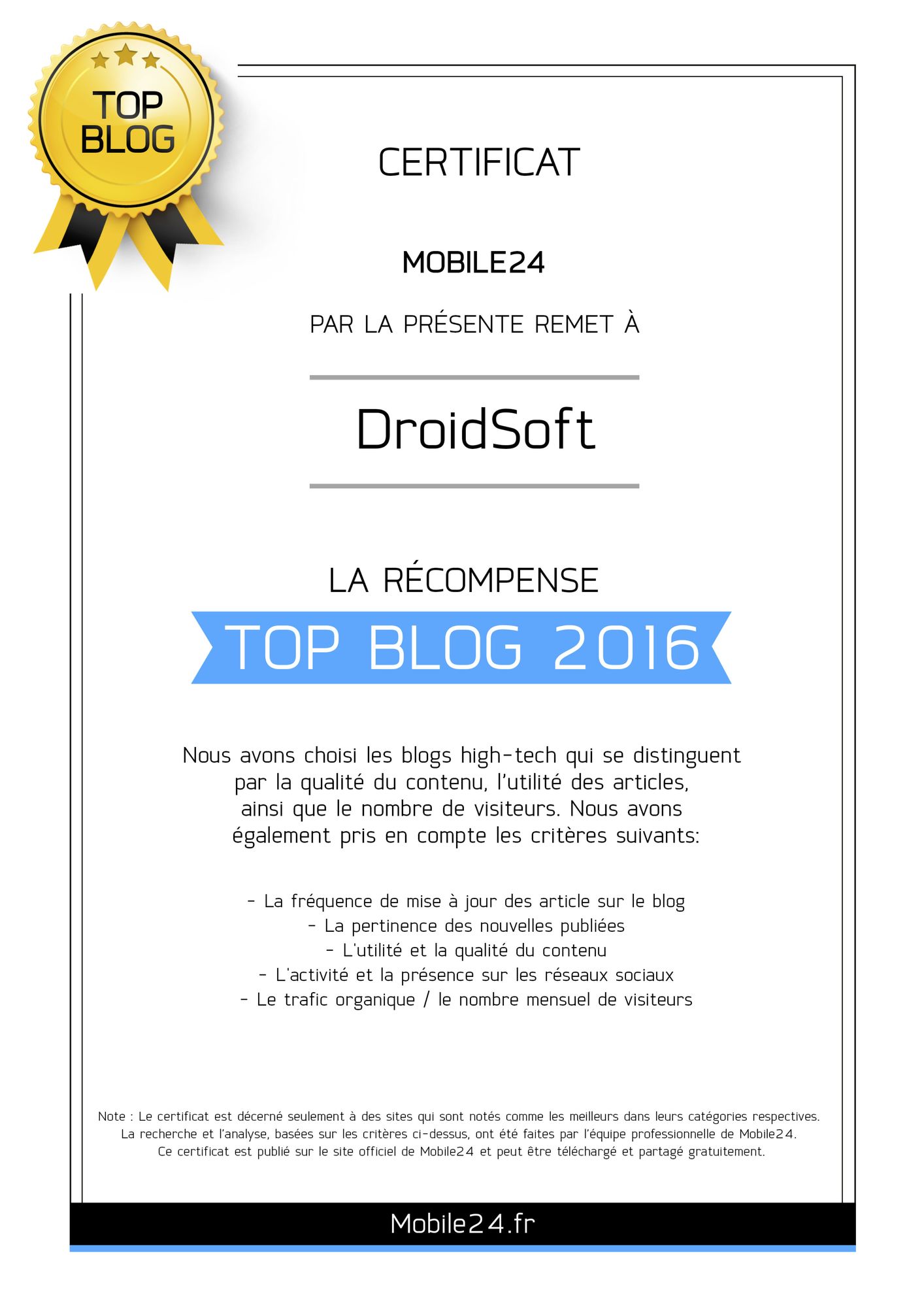, DroidSoft élu TOP BLOG 2016 !!!