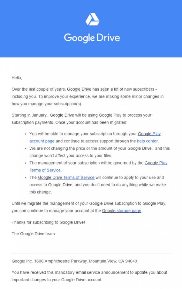 , Google Drive : l&rsquo;achat d&rsquo;espace supplémentaire se fait maintenant par le Play Store