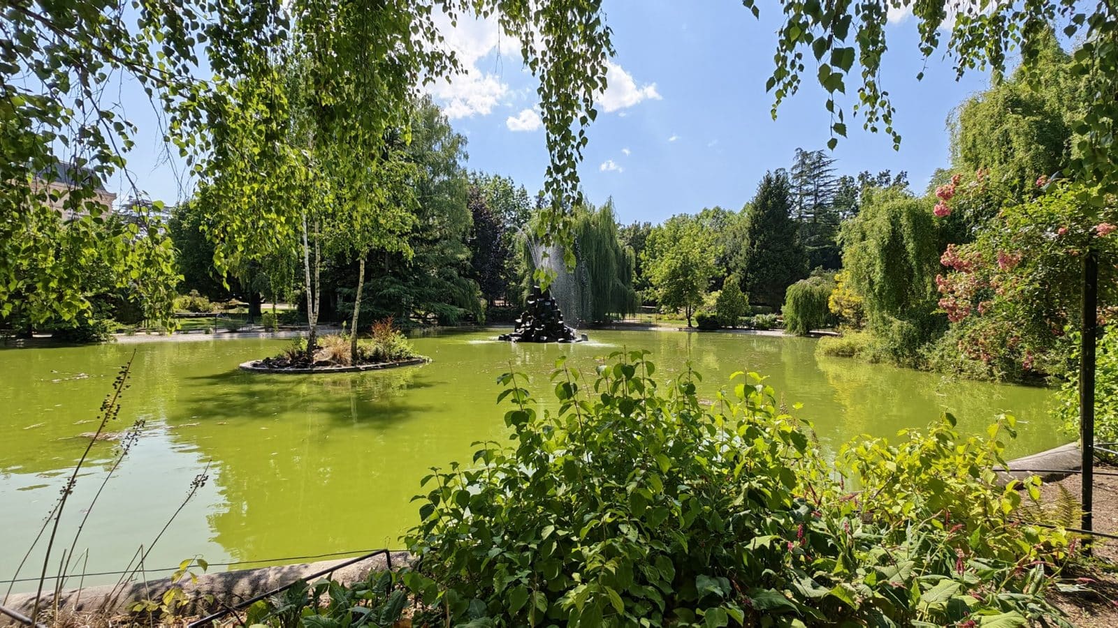 Bassin et fontaine d'un parc pris avec le Honor Magic V6