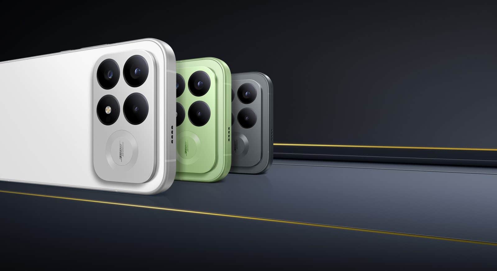 POCO F9 Pro dans ses trois coloris Blanc, Aurora Green et Noir