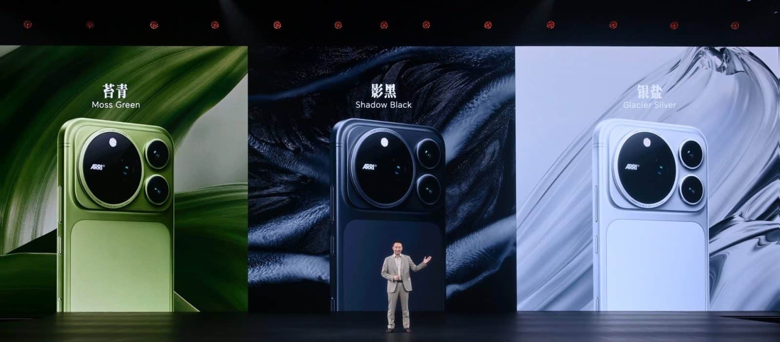 Présentation du Honor Magic9 Pro Max en coloris vert mousse, noir et argent, avec son module photo ARRI