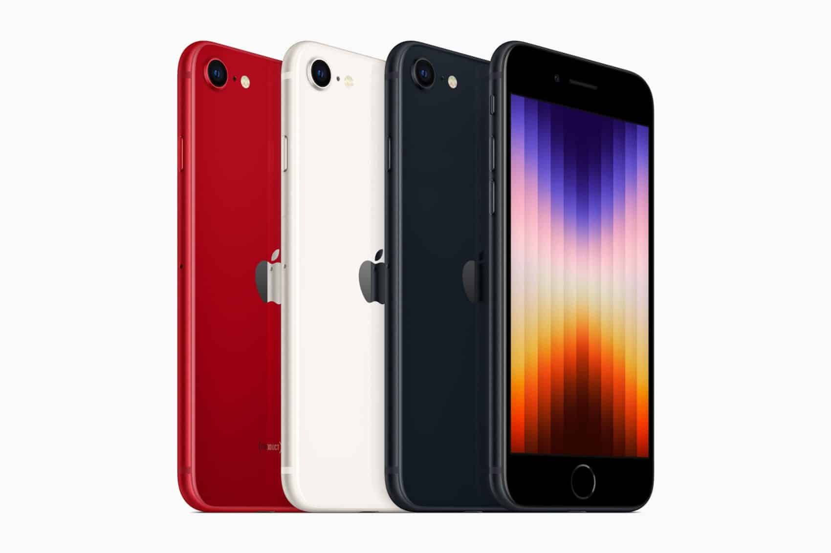 iPhone SE de 3ᵉ génération en coloris rouge, lumière stellaire et minuit, avec son bouton d'accueil