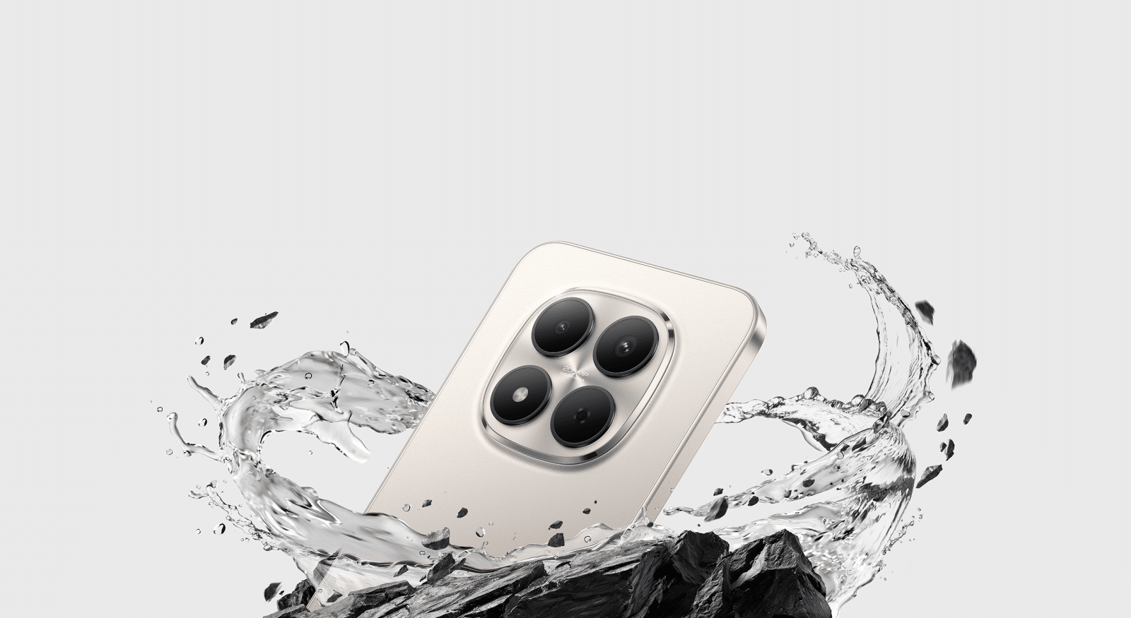 Xiaomi Redmi Note 15 Pro 5G, visuel officiel titan tough avec splash d'eau