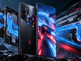 Smartphone gaming futuriste aux effets thermiques