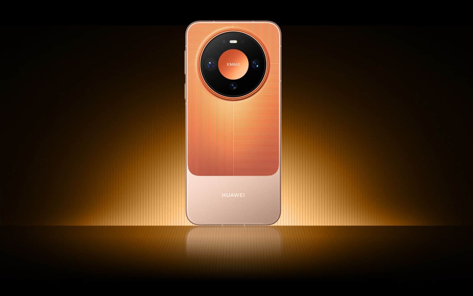 Le Huawei Mate 90 Pro en coloris orange, vu de dos