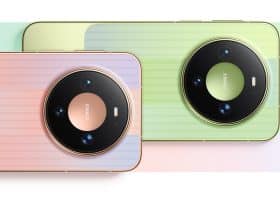 Le Huawei Mate 90 en coloris rose et vert, vu de dos