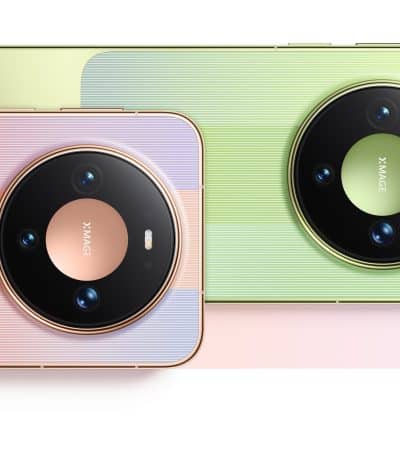 Le Huawei Mate 90 en coloris rose et vert, vu de dos