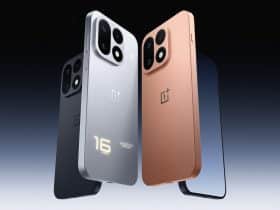 Le OnePlus 16 dans ses coloris noir, argent et cuivré, de dos et de face